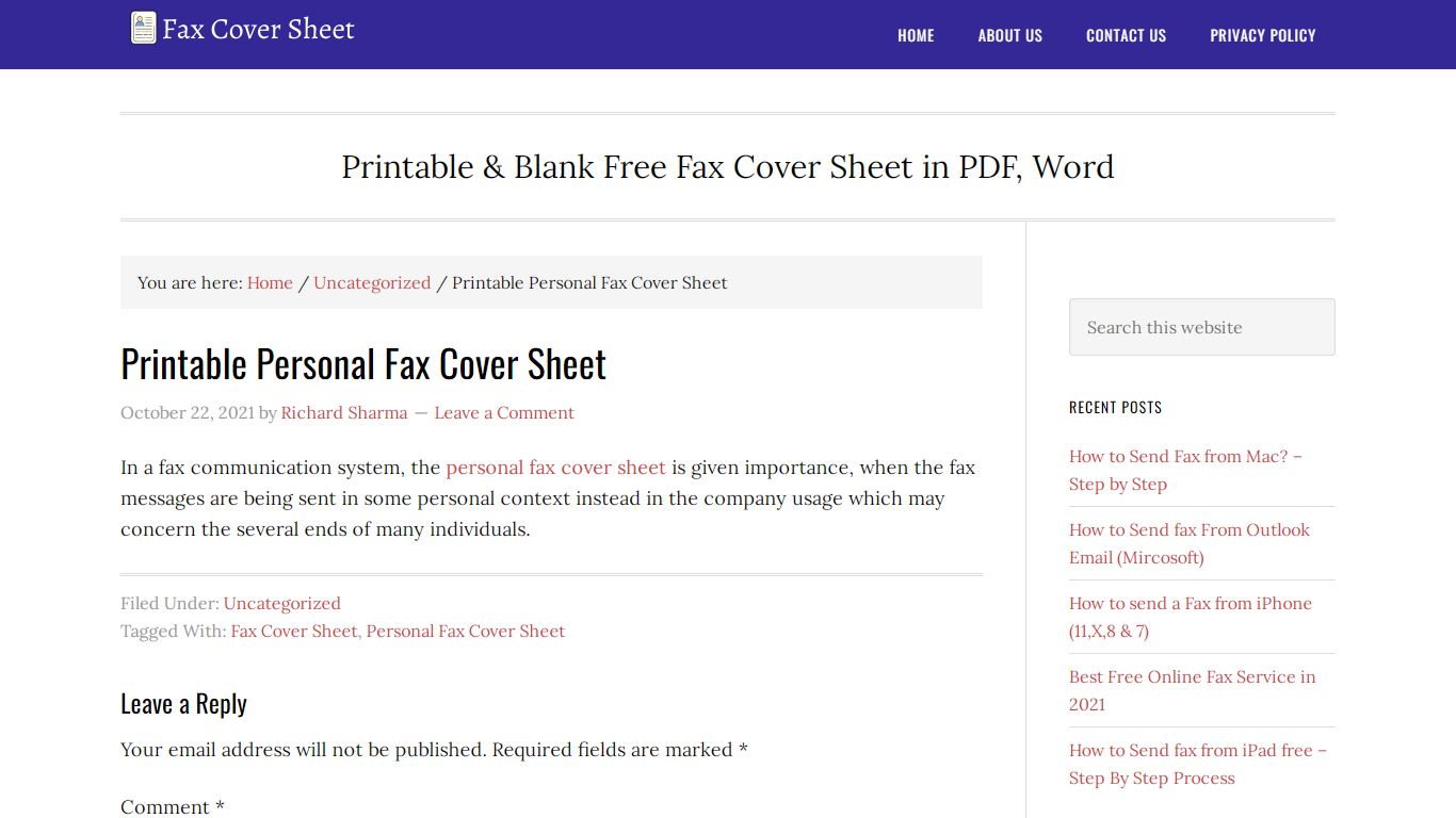 Printable Personal Fax Cover Sheet